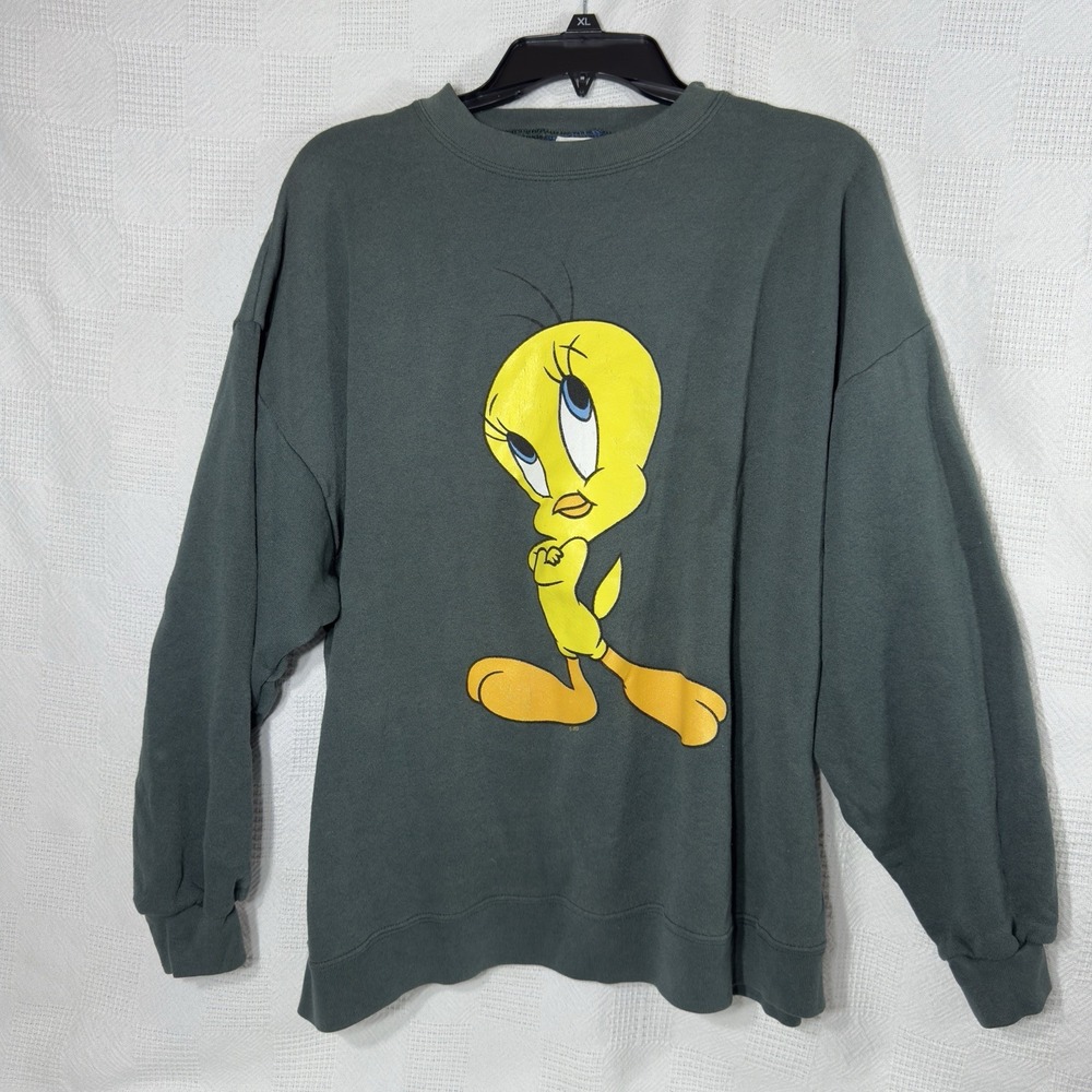 Looney Toons Vtg 1998 Sweatshirt Crewneck Tweety Bird WB Green Sz Large/XL